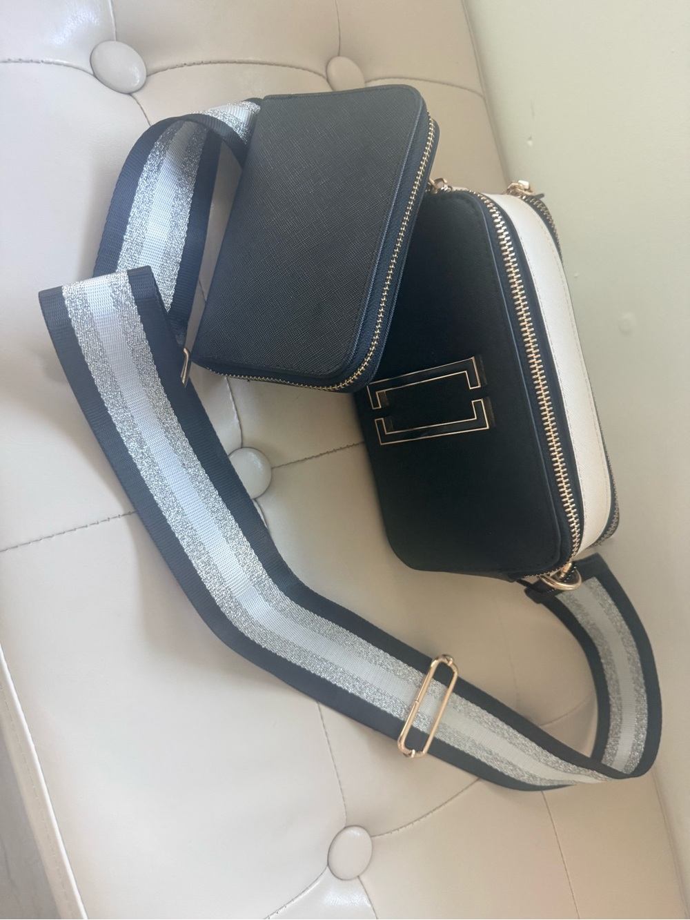 Black & White Crossbody Camera Bag with Striped Strap